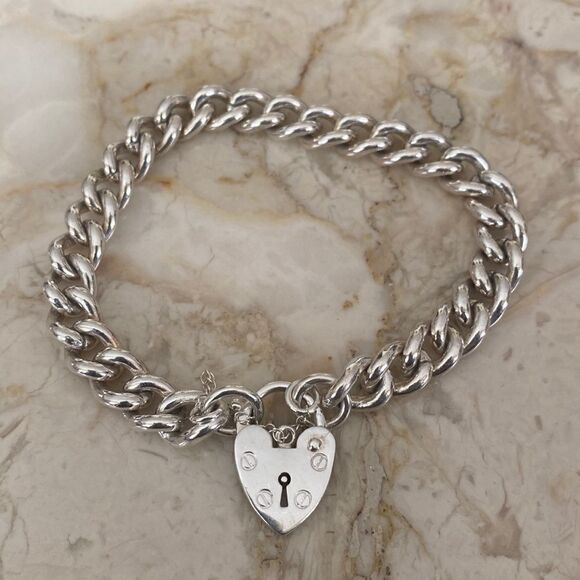 NEW! 925 Sterling Silver Heavy Curb Link Heart Padlock Bracelet 8” - 40g - Picture 1 of 7